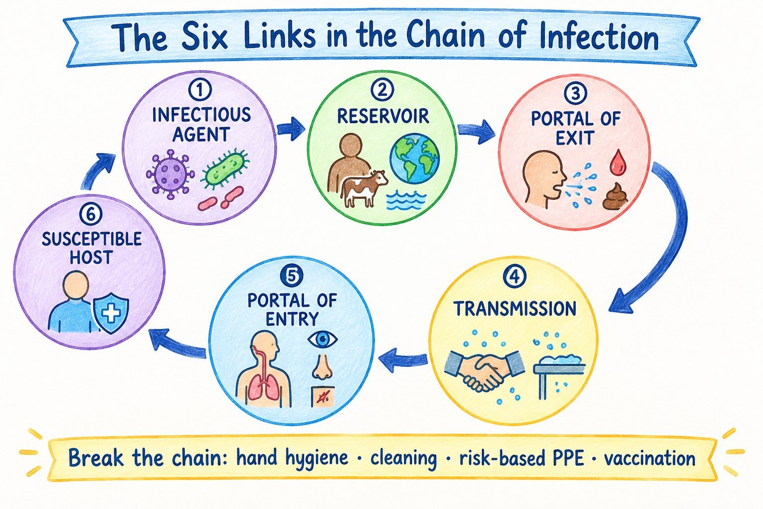 Six links in the chain of infection with examples of prevention