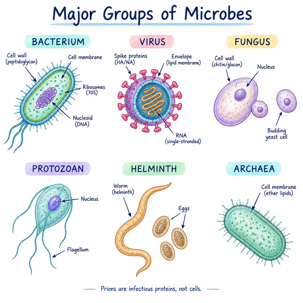 Hand-drawn comparison of bacteria, fungi, viruses and other microbiological agents