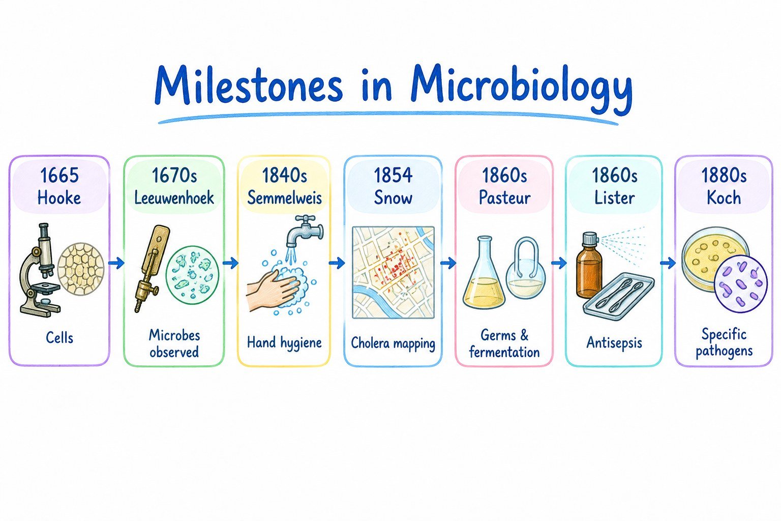 Timeline of Hooke, Leeuwenhoek, Semmelweis, Snow, Pasteur, Lister and Koch