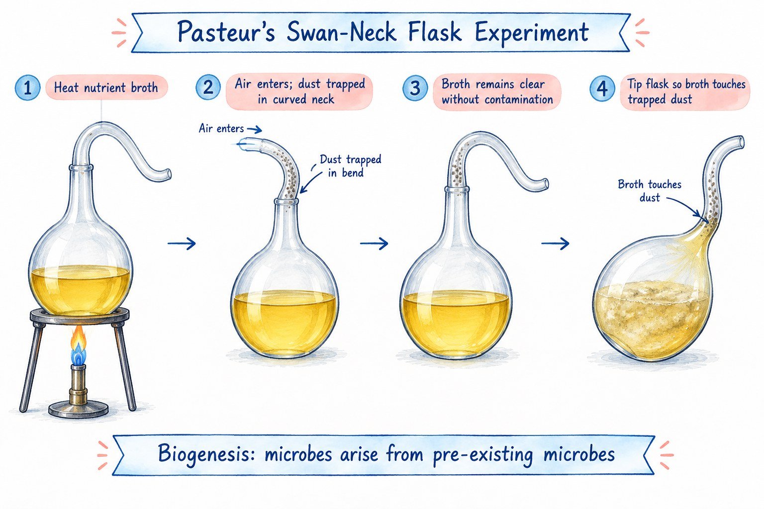 Four stages of Louis Pasteur swan-neck flask experimental design